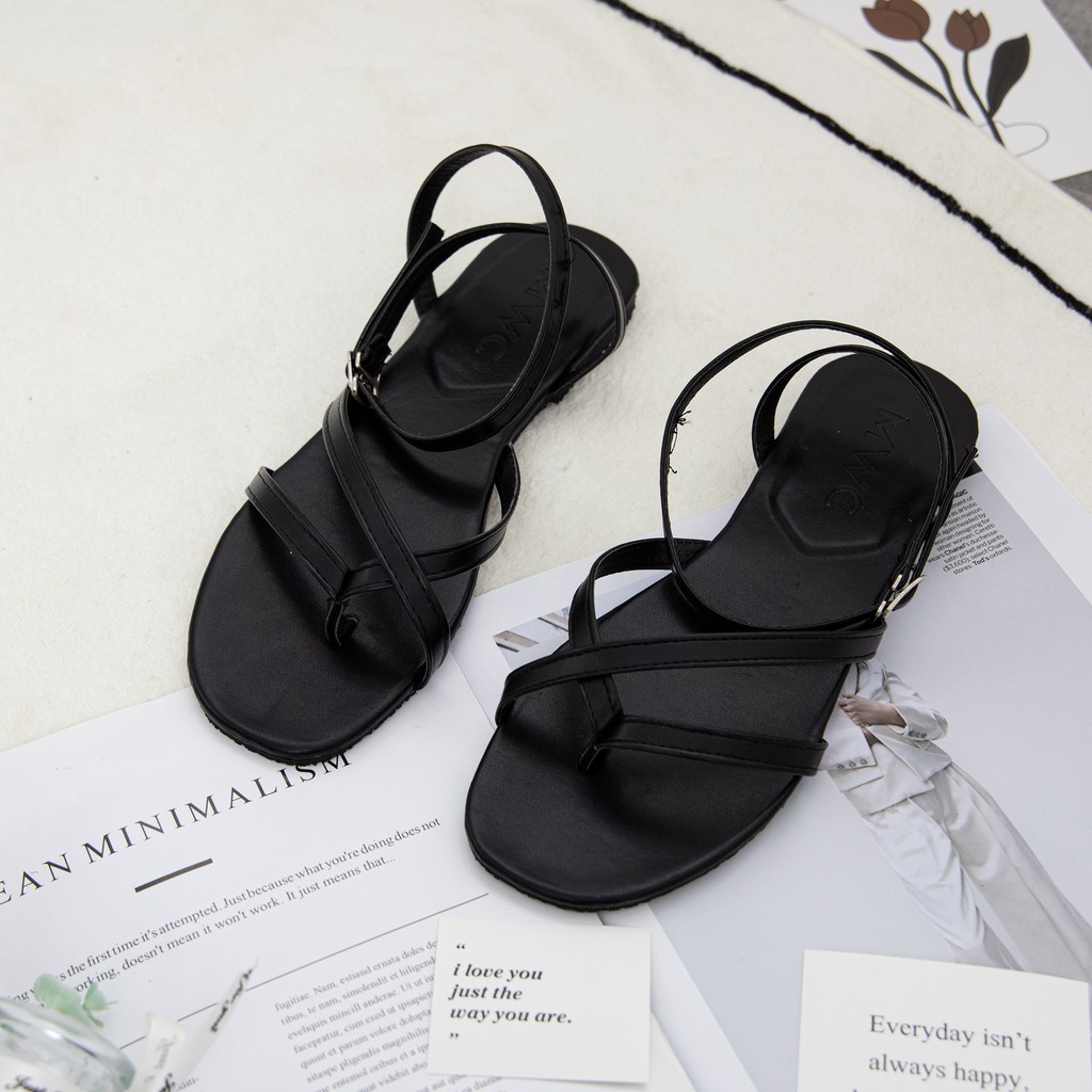 Giày Sandal Nữ Thời Trang MWC Đế Bệt Quai Dây Mảnh Xỏ Ngón Siêu Xinh Siêu Hot Màu Đen Kem NUSD- 2871