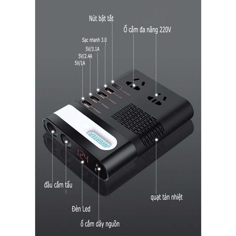 Bộ chuyển đổi nguồn 12V-24V Sang 220V Dành Cho Ô Tô 150W Ci01, hỗ trợ 4 cổng Usb, 2 cổng 220V, có cầu chì bảo vệ