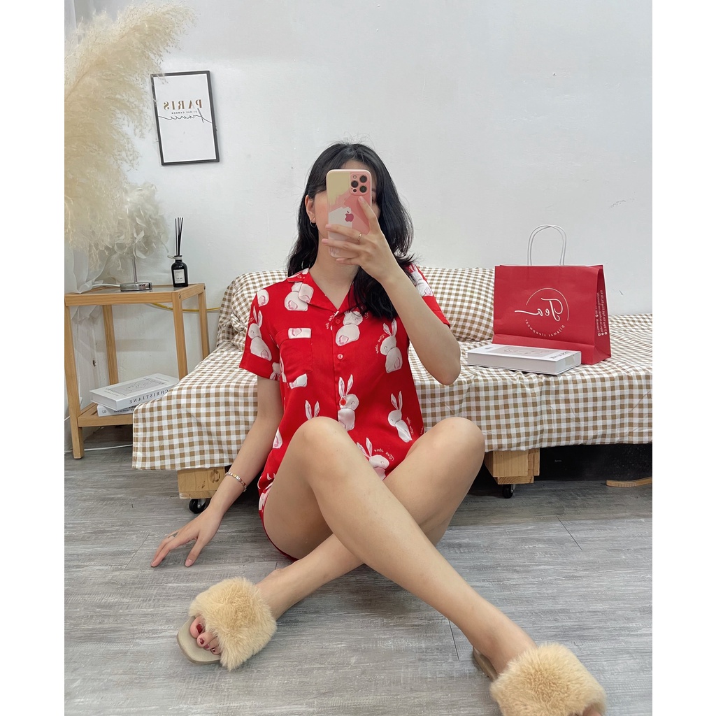 Bộ Mặc Nhà Pyjama Lụa Cộc Tea Storea Họa Tiết Kem