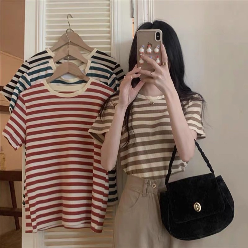 [Ảnh thật/Video]Áo phông kẻ KangChu form rộng mongtogi Hàng Quảng Châu Áo mongtogi chất đẹp mềm mịn