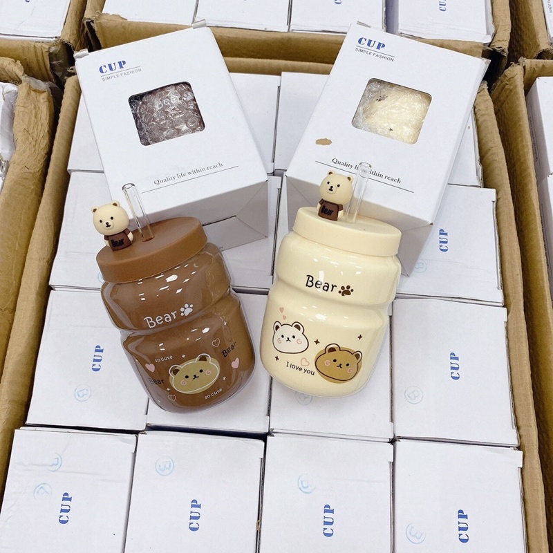 CỐC SỨ CAO CẤP TRÁNG MEN IN HOẠ TIẾT GẤU BIER KÈM ỐNG HÚT NGỘ NGHĨNH.AH