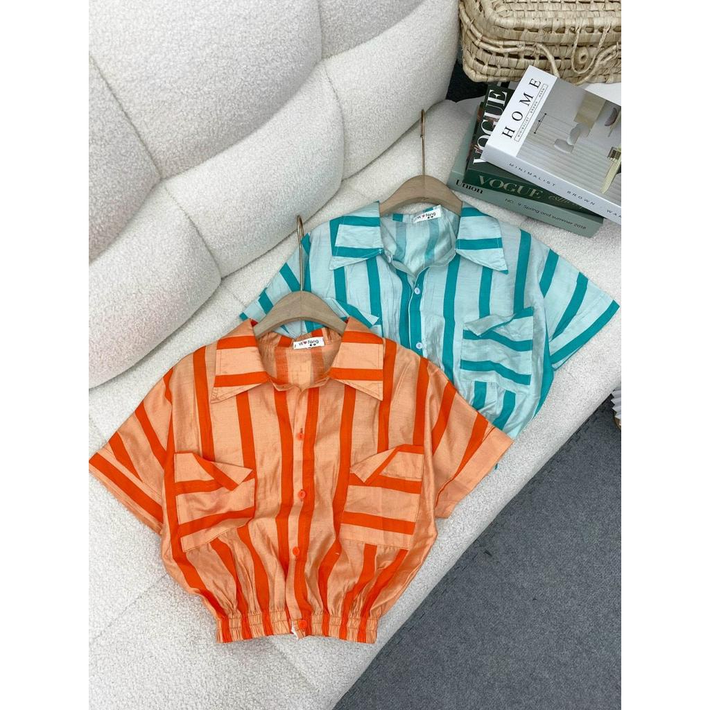 Áo sơ mi nữ cộc tay bo gấu Thoyeufashion, Sơmi kẻ nhiều màu tay hến đi biển đi chơi siêu xinh