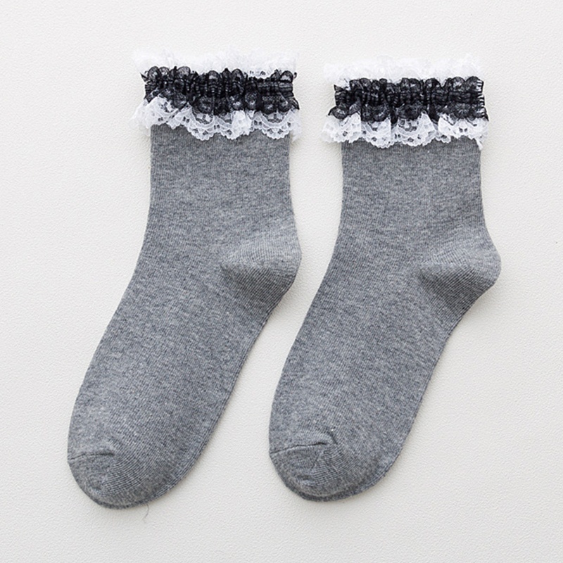 Đôi vớ cổ cao vừa tới mắt cá chân viền ren nhún bèo ấm áp phong cách lolita thời trang thu đông ngọt ngào cho nữ