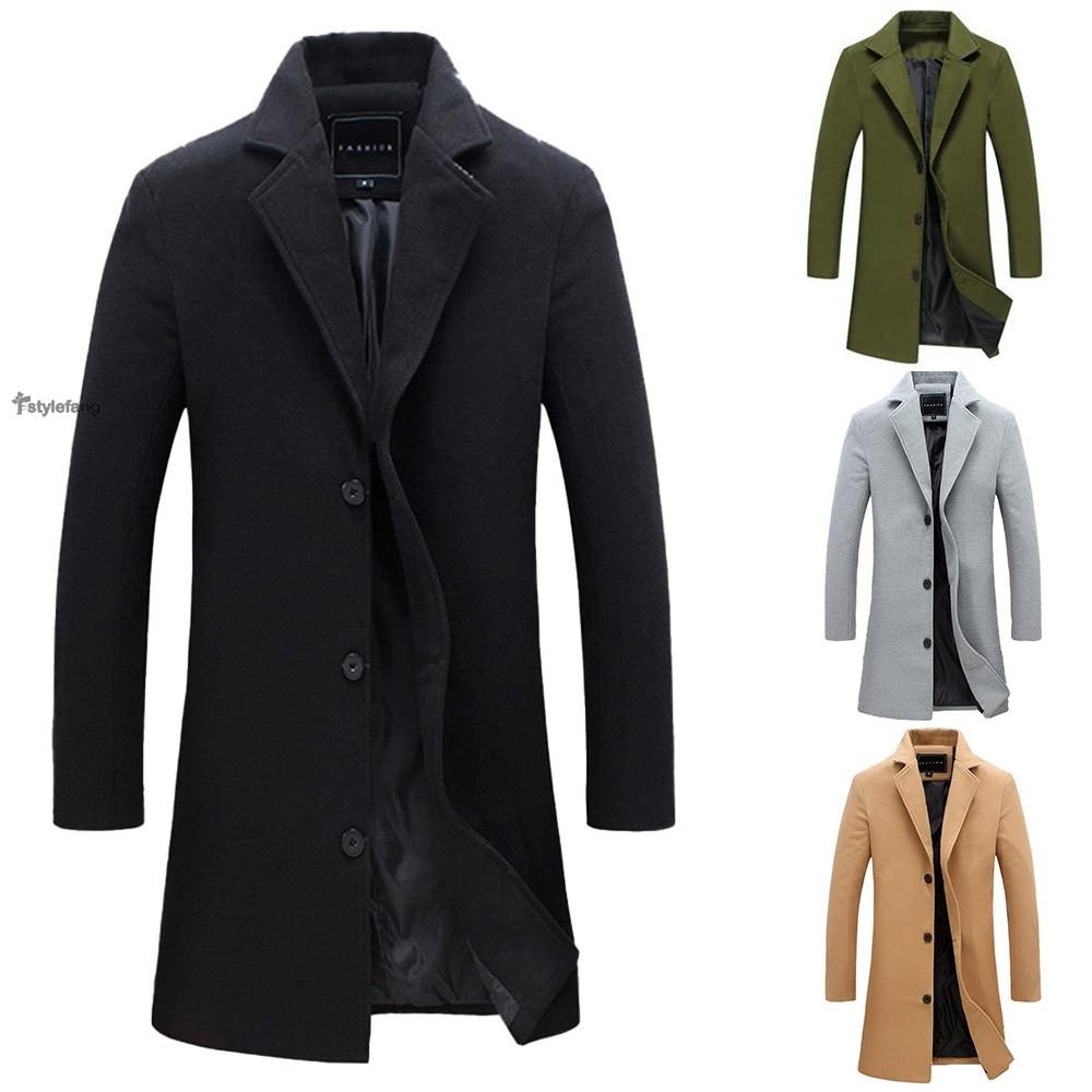 Fstylefang - Áo khoác dáng dài giữ ấm một hàng nút cho nam