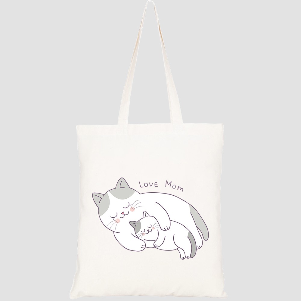 Túi vải tote canvas HTFashion in hình cartoon cute mom baby cat sleeping HT148