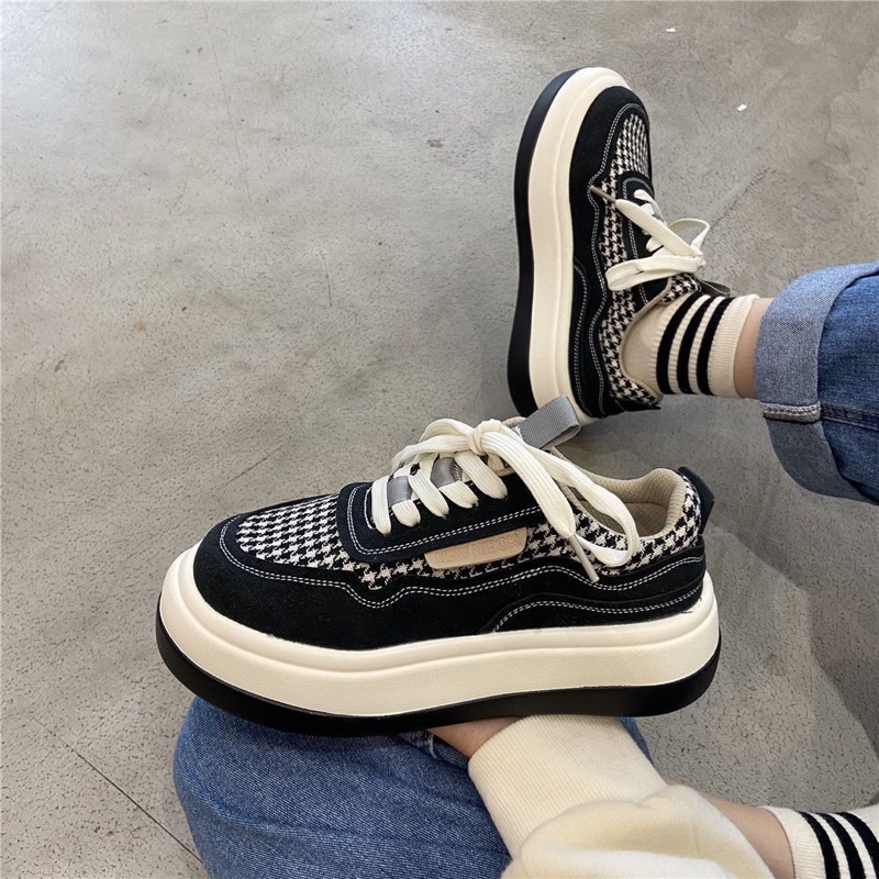 Giày Thể Thao Nữ Đế Độn Hoạ Tiết Houndstooth Đế Bánh Mì Tăng Chiều Cao HotTrend FLORA G23