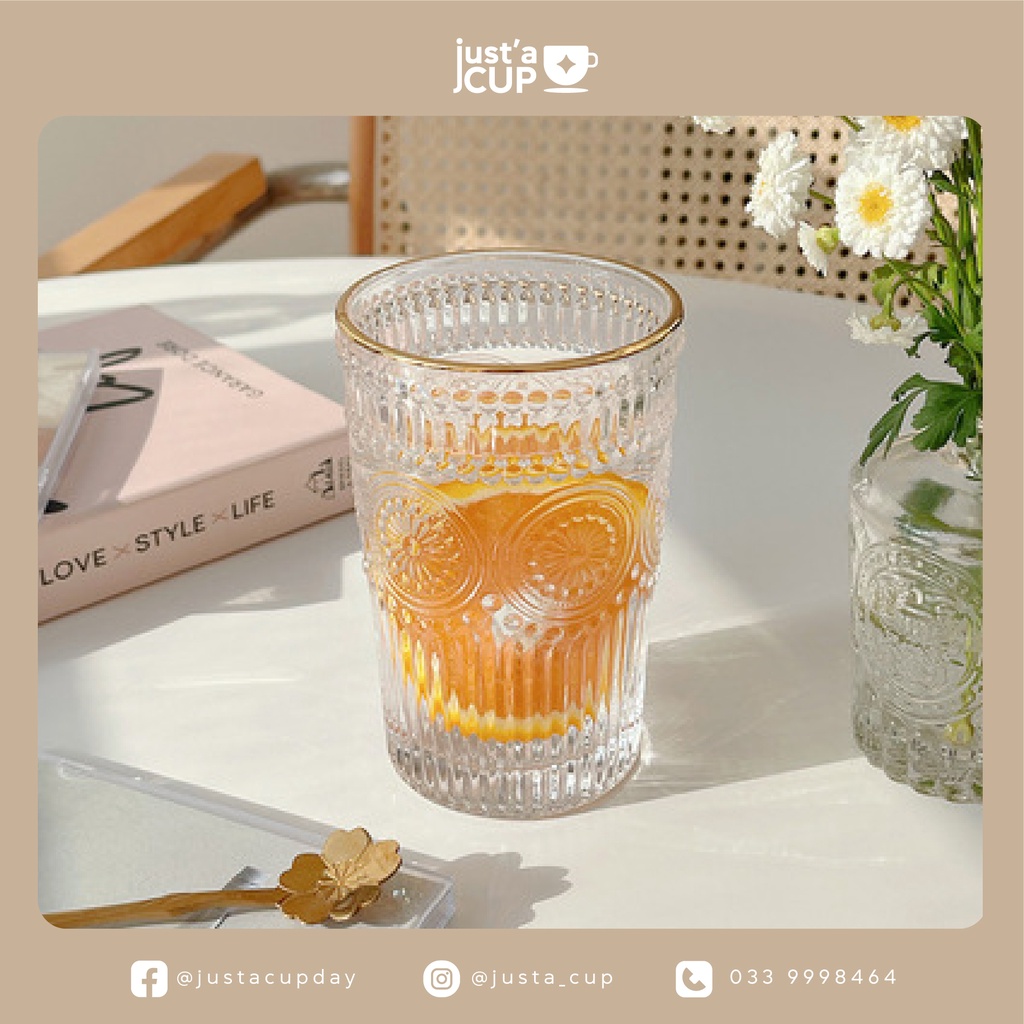Cốc Thuỷ Tinh Hoa Hướng Dương Viền Vàng Dập Nổi - Kiểu Vintage Bắc Âu - Dùng để uống nước, trà, cà phê và decor
