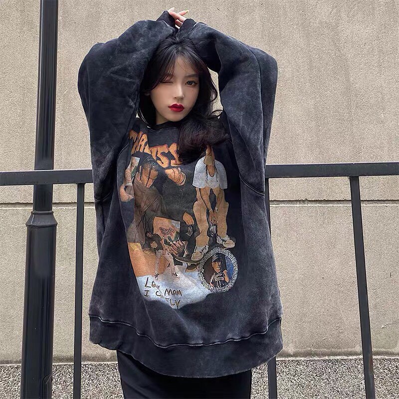 A024 Áo sweater nam nữ đen loangTravis Scott oversize thu đông Áo Hoodie nỉ dài tay hiphop cá tính form rộng unisex cute