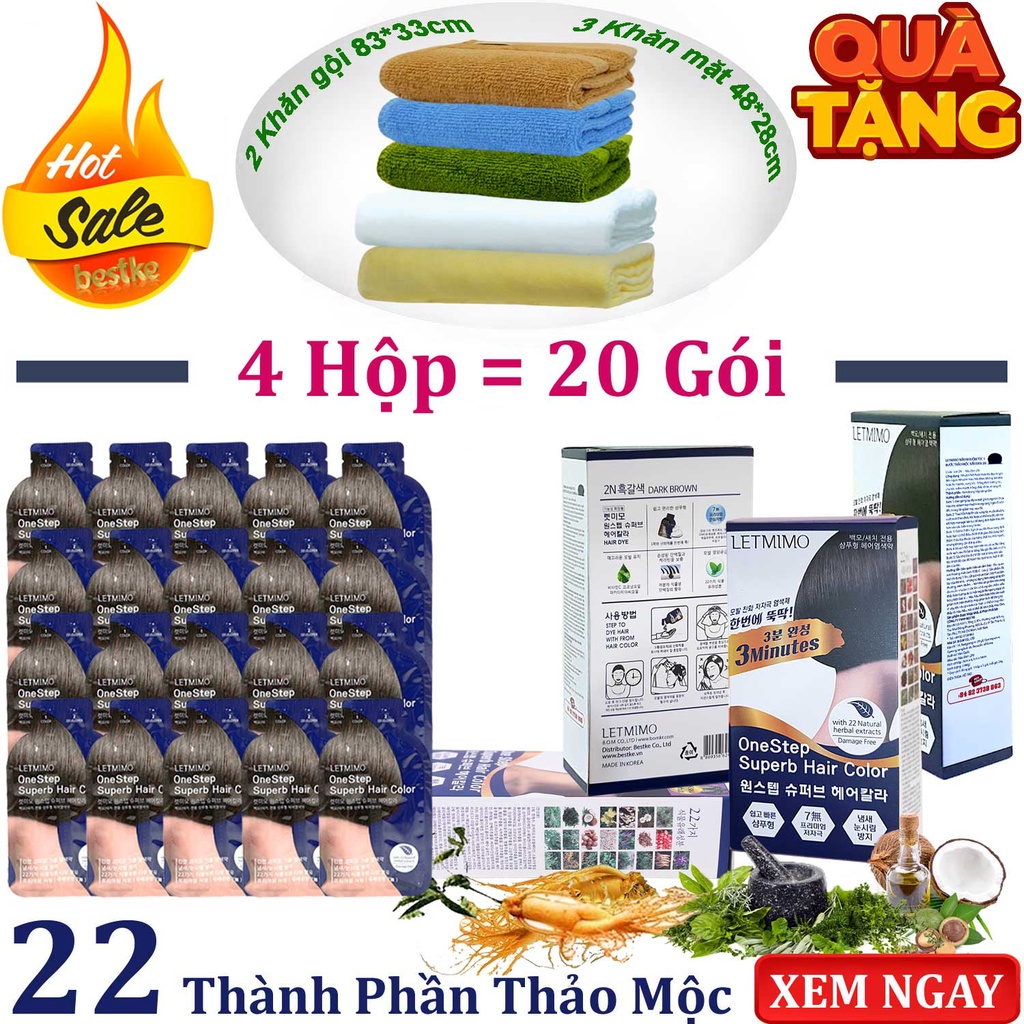 Bộ 4 Hộp = 20 gói màu nhuộm tóc thảo mộc Nâu Đen_2N LETMIMO + QUÀ TẶNG 2 khăn gội 83*33 & 3 khăn mặt bestke 48*28cm