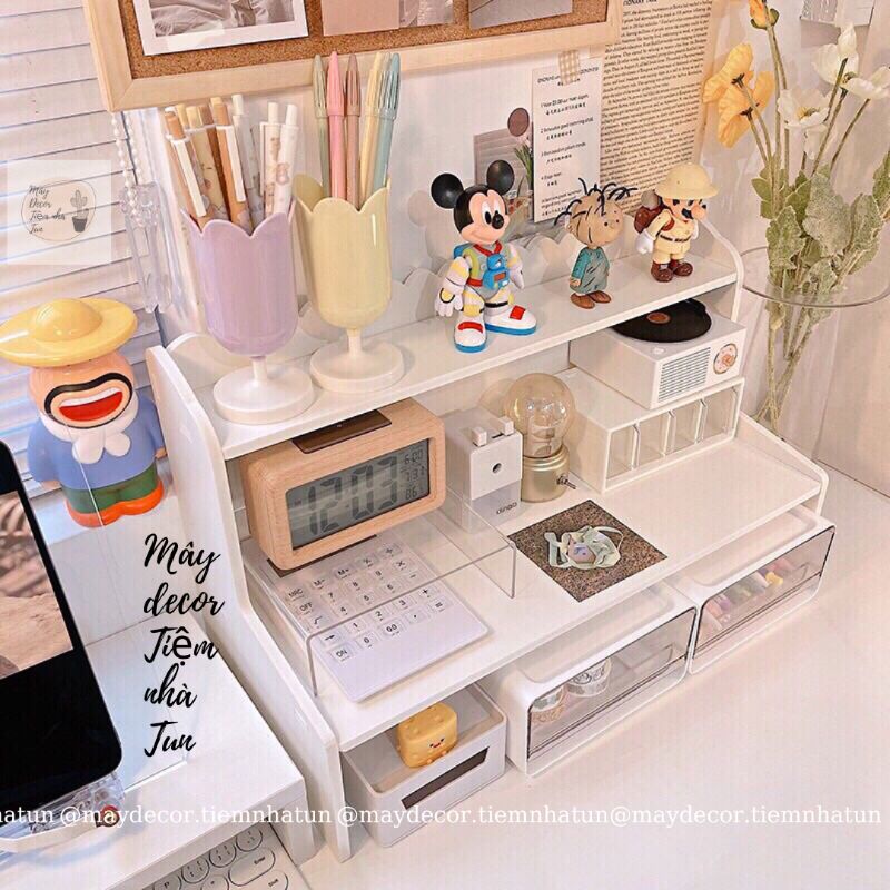 Kệ gỗ mini để bàn lưu trữ trưng bày tiện lợi, màu trắng trang nhã phong cách Hàn Quốc