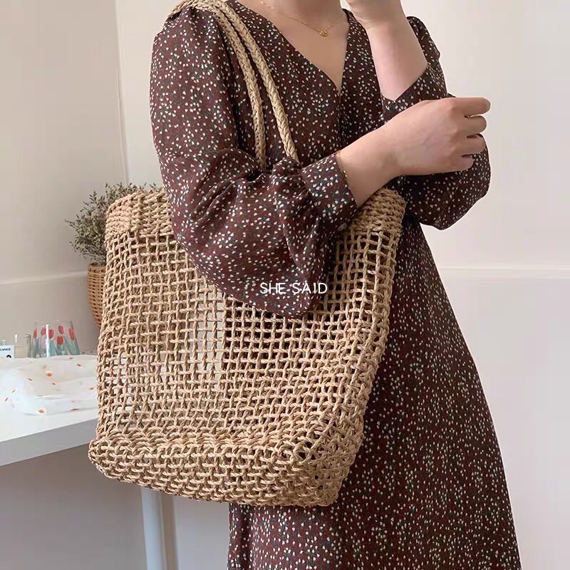 Túi Cói Đan Vuông Vintage Đi Biển Xinh Xắn