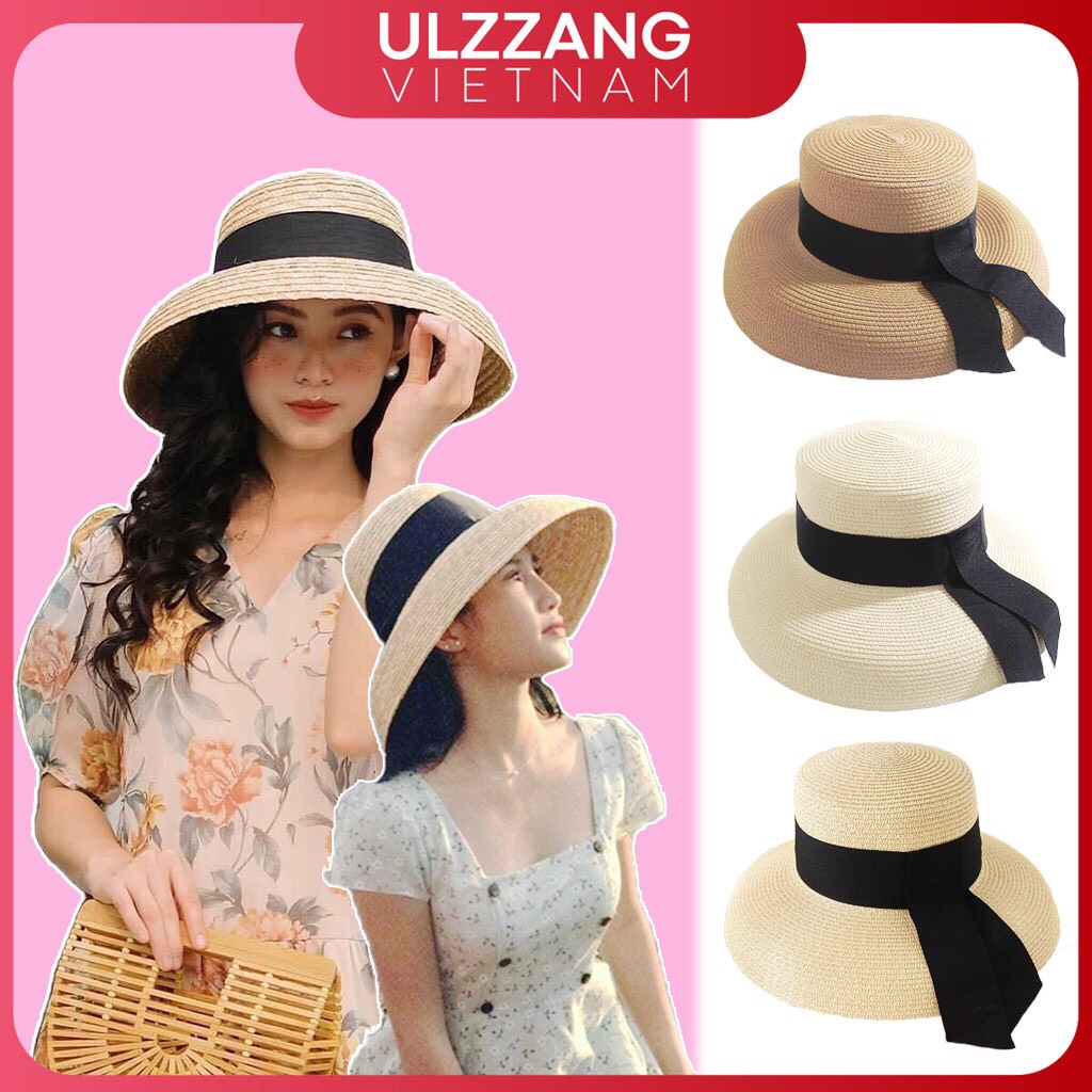 Mũ cói đi biển nữ vành rộng chống nắng, nón cói nơ xinh thời trang Hàn Quốc rẻ đẹp_MC7