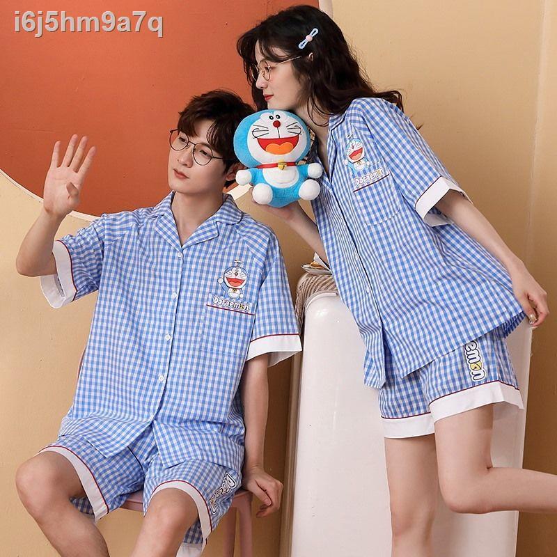 Doraemon mùa xuân và hè vài bộ đồ ngủ phụ nữ kẻ sọc ngắn tay phù hợp với cotton nam có thể mặc ở nhà