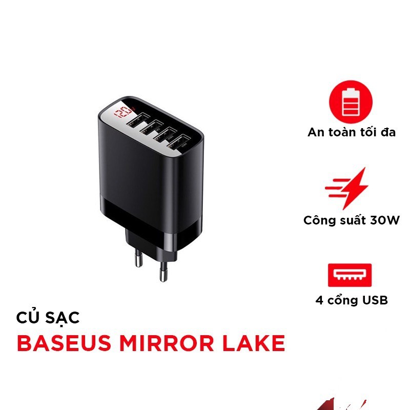 Củ sạc đa năng 4 cổng USB Baseus Mirror Lake Digital Display ( 30W, 4 Ports USB, Travel Charger) chính hãng