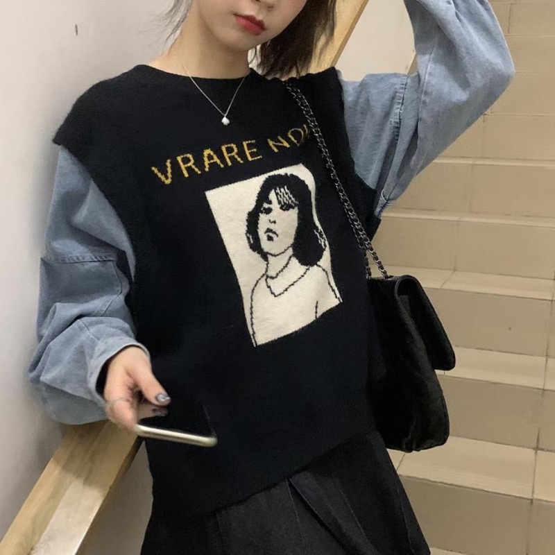 Áo sweater dệt kim dáng rộng phối vải denim thời trang