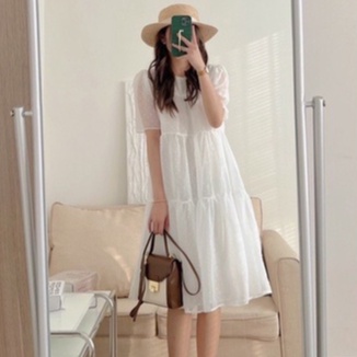 Váy babydoll suông dài, đầm nữ cộc tay phom rộng họa tiết chấm bi 2 lớp freesize tiểu thư hàn quốc Ylydress C1031