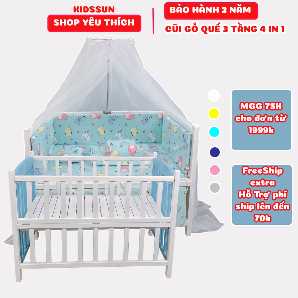 Cũi Cho Bé KIDSSUN Kích Thước(120x80x86) Gỗ Quế Màu Trắng Xanh BH 24 Tháng Hàng Xuất Khẩu Kèm Quà Tặng Cho Bé