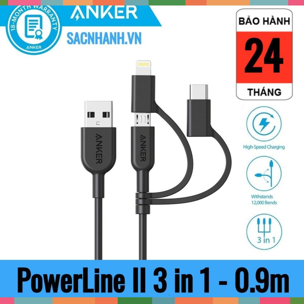 Cáp Sạc Nhanh 3 in 1 Anker Powerline II 0.9M - A8436 (Lightning - Type C - Micro USB) _AK