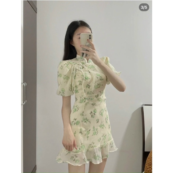 ĐẦM HOA KEM CỔ TÀU CHÂN BÈO