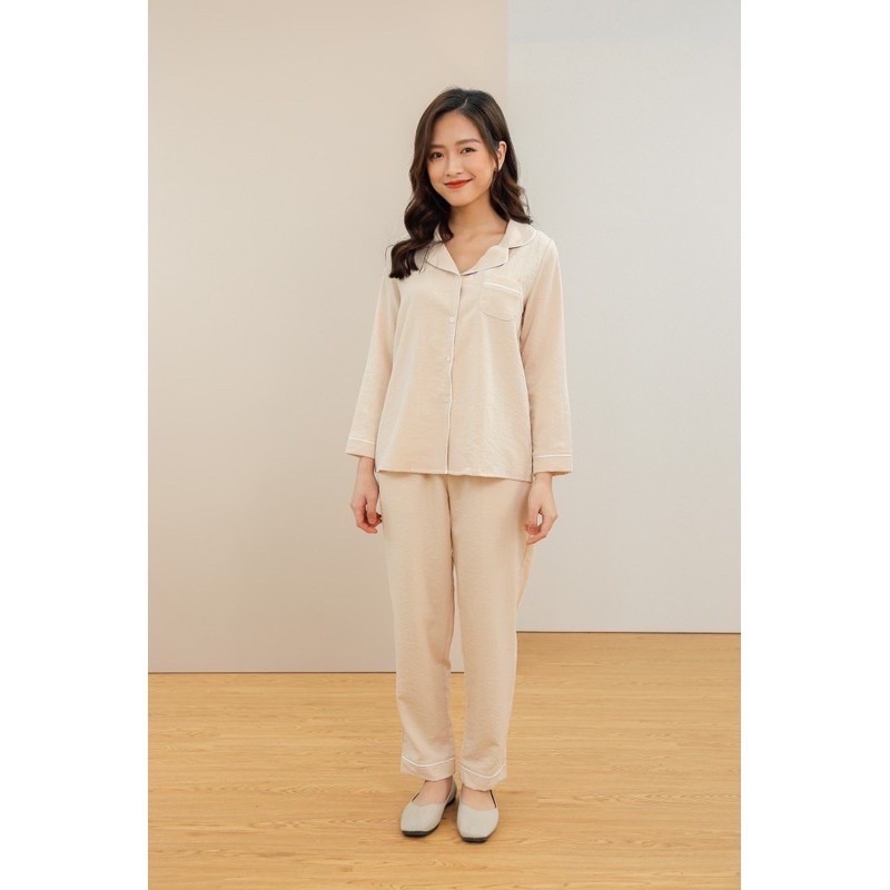 Bộ pijama mặc nhà dài tay MOMOJAMA chất liệu đũi xước - 3 màu trơn - M1920