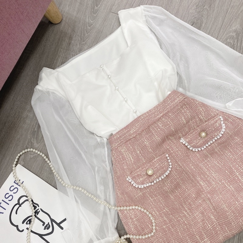 SET ÁO TRẮNG TAY NƠ CỔ VUÔNG + CHÂN VÁY BỐ HỒNG