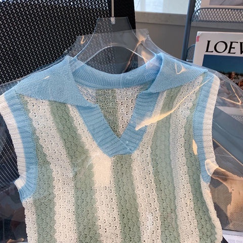 Áo Thun Polo Không Tay Họa Tiết Kẻ Sọc Màu Sắc Tương Phản Thời Trang Mùa Hè Mới Cho Nữ