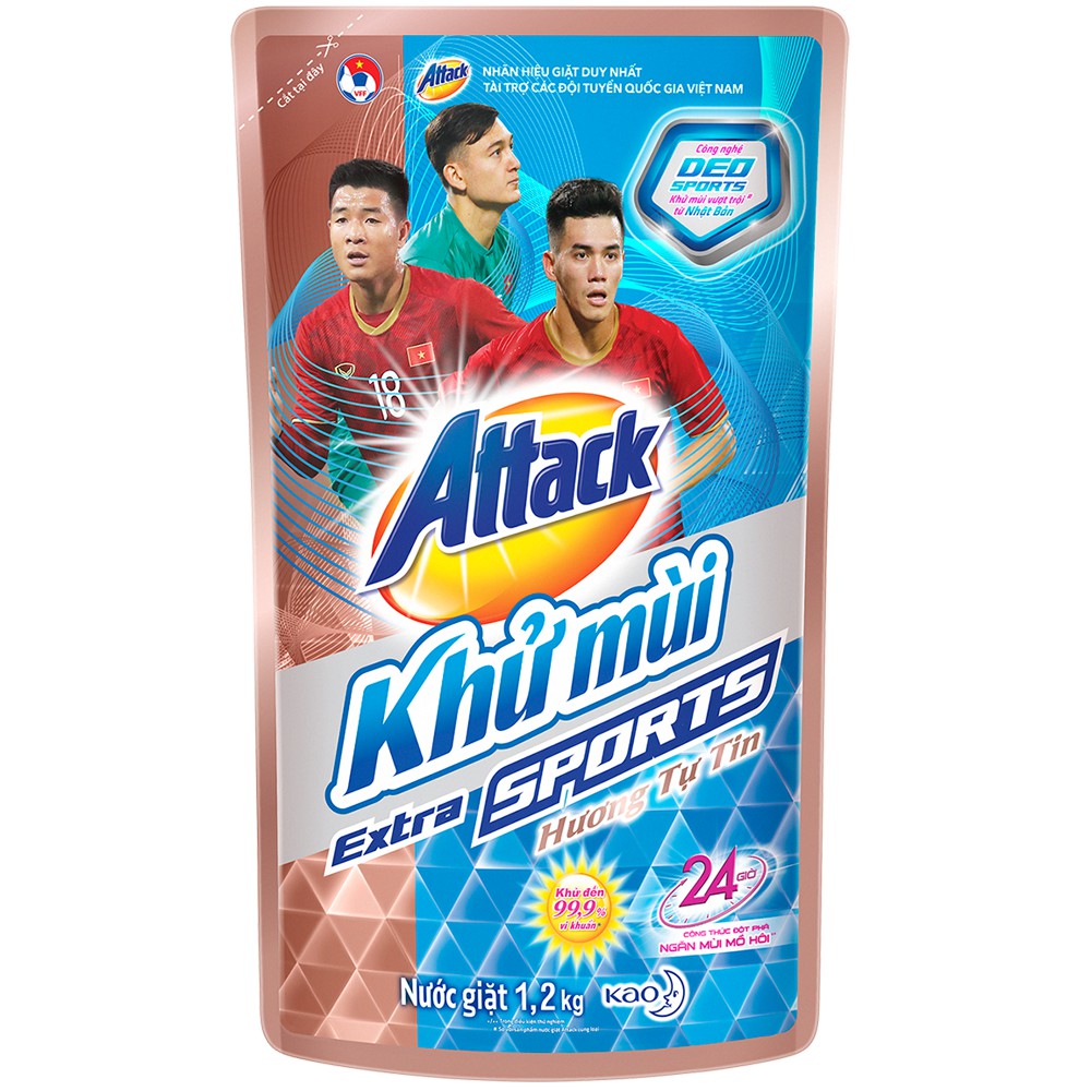 Nước giặt Attack Khử Mùi Extra Sports - Hương Tự Tin, Túi 1.2kg, màu hồng cam