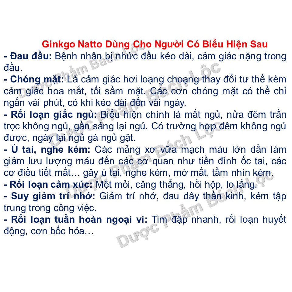 Hoạt huyết dưỡng não Ginkgo Natto Plus giảm đau đầu, chóng mặt, rối loạn tiền đình, tăng cường tuần hoàn não - Hộp 100v