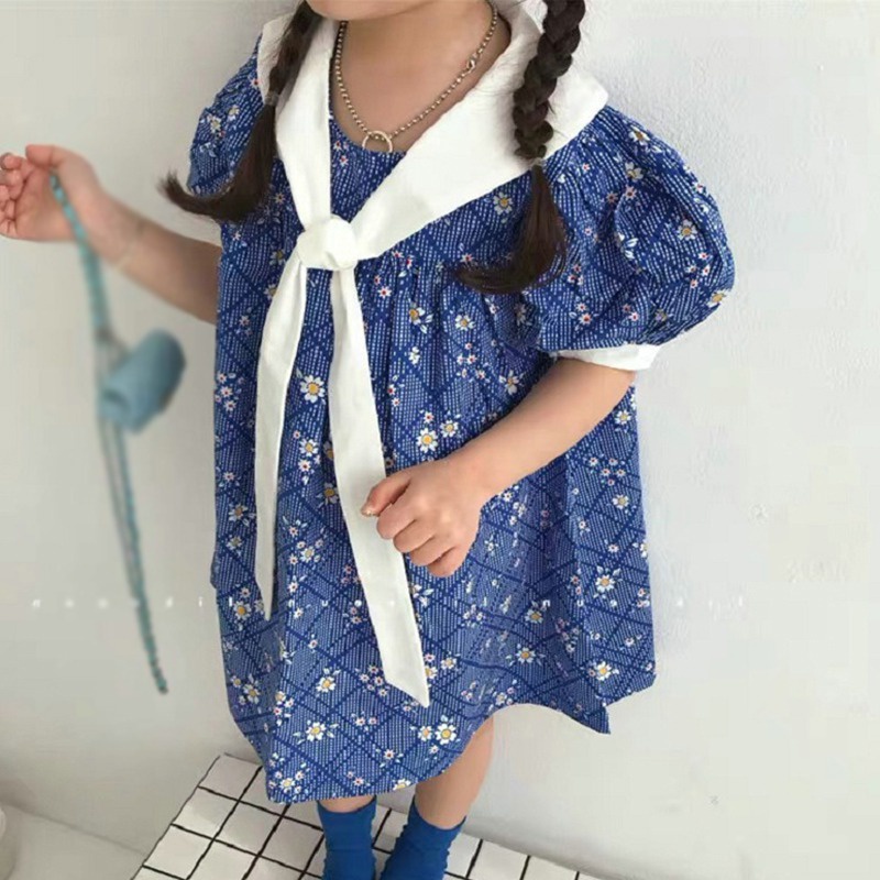 Đầm Công Chúa Cổ Búp Bê Tay Phồng Đính Nơ In Hoa Kiểu Hàn Quốc Thời Trang Mùa Hè Cho Bé Gái