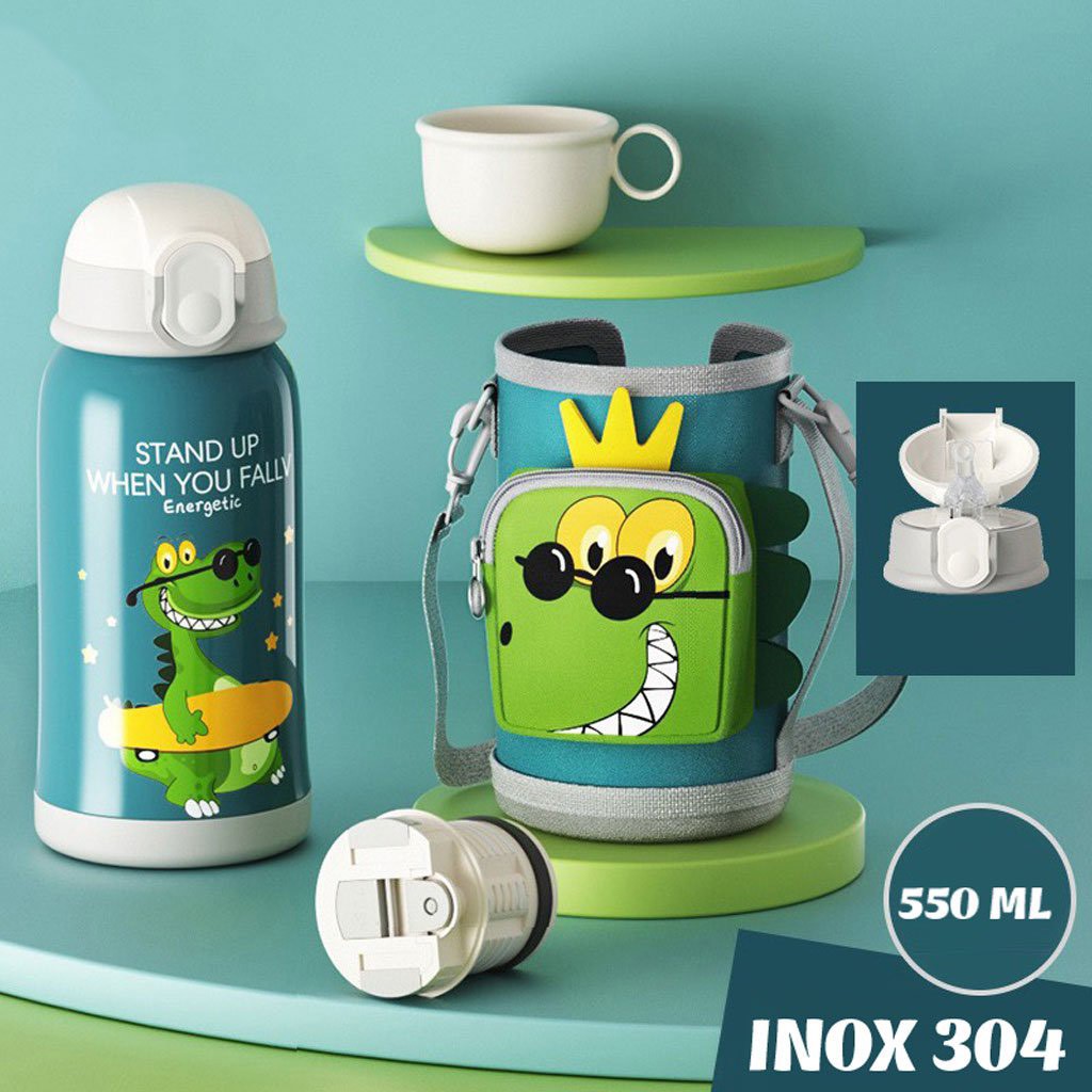 [HÀNG CHÍNH HÃNG] Bình giữ nhiệt inox 304 cho bé dung tích 550 ml có túi đeo và ống hút