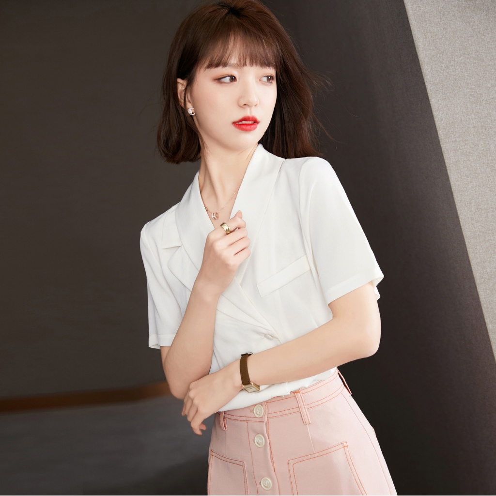 Áo sơ mi nữ kiểu công sở form rộng tay ngắn cổ chữ V đẹp chất liệu Voan nhập cao cấp phong cách Pháp vintage 2022