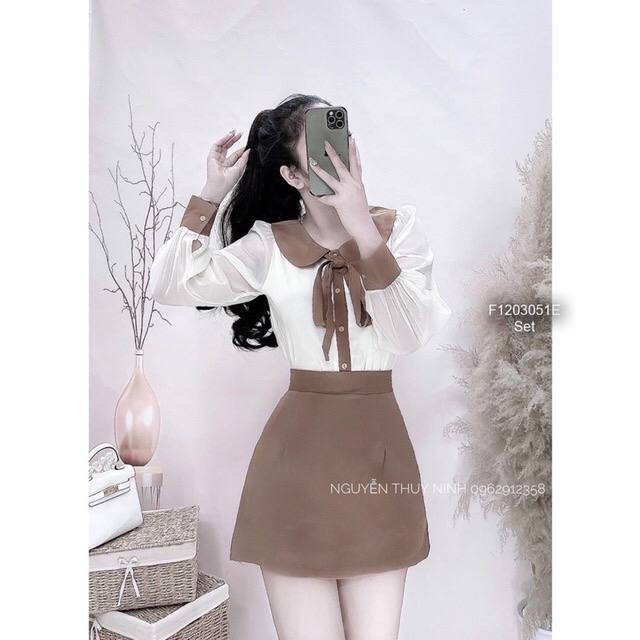 Set áo sơ mi cổ thắt nơ mix chân váy chữ A hàng quảng châu siêu đẹp,điệu đà