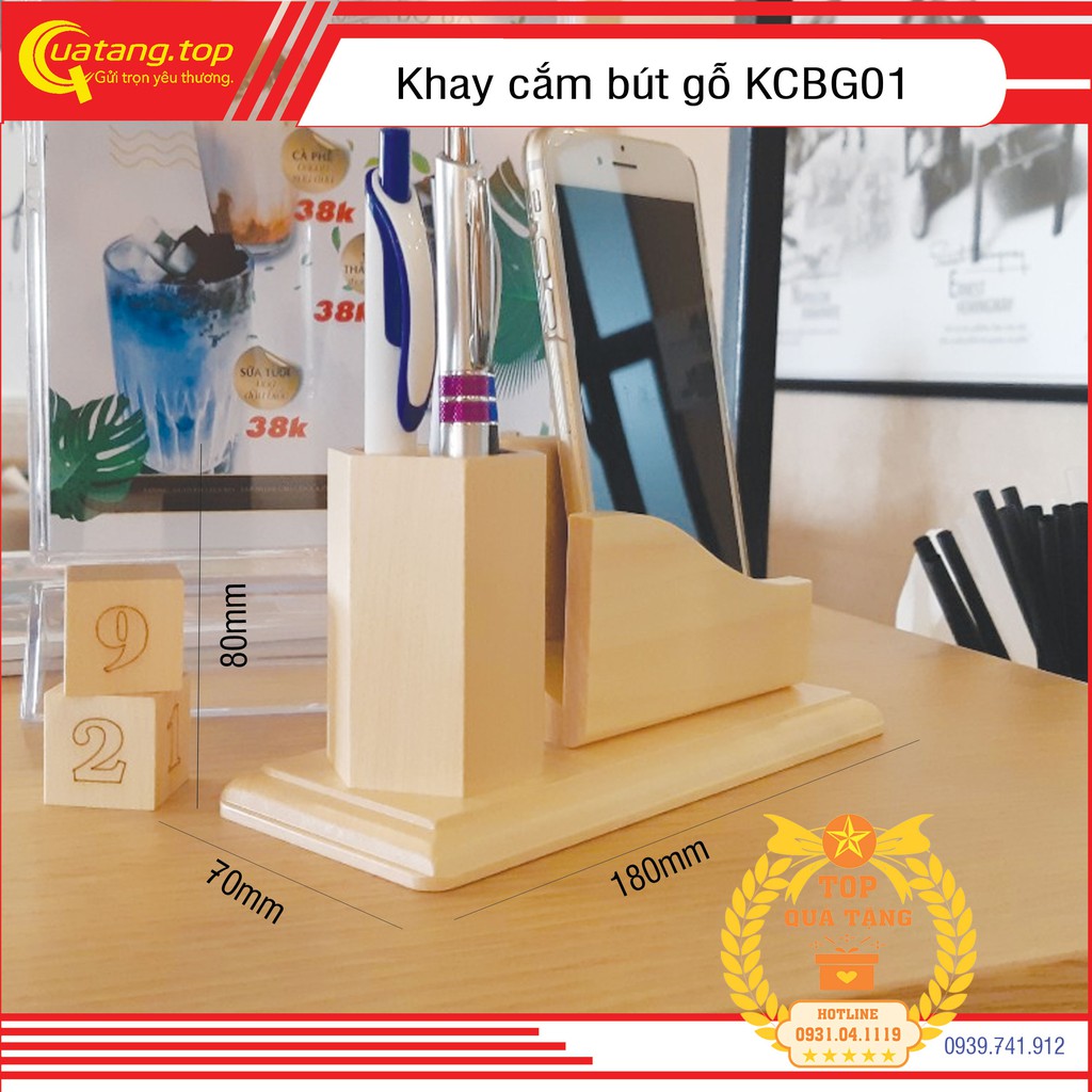 Khay cắm bút gỗ Maple cao cấp để bàn làm quà tặng khắc hàng | Có khắc tên logo theo yêu cầu