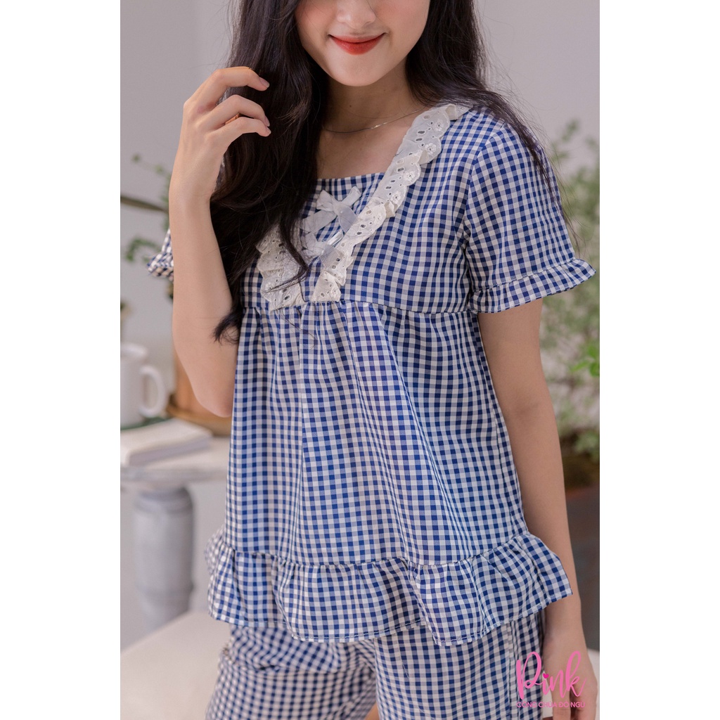 Đồ Bộ Pijama Nữ Họa Tiết Caro Xanh Tay Ngắn Quần Lửng Vải Kate Thoải Mái Thấm Hút Mồ Hôi Phong Cách Trẻ Trung Nữ Tính