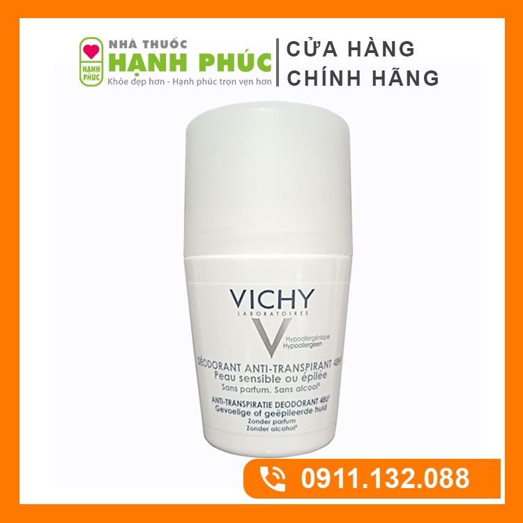 Lăn khử mùi Vichy 48H nắp trắng dành cho da nhạy cảm (50ml)