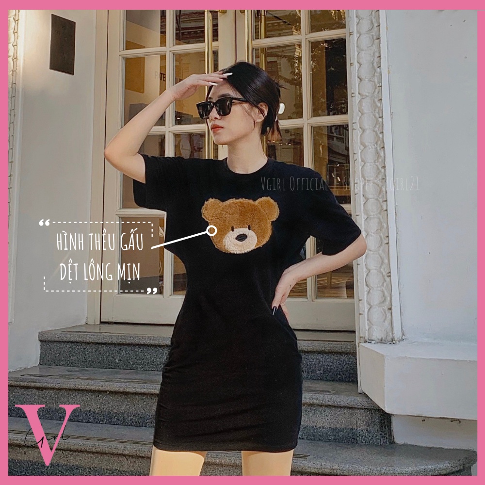 Đầm body khoét eo VGIRL phối tay áo thun kiểu dáng ôm hình thêu gấu Teddy dệt lông [ẢNH ĐỘC QUYỀN] | BigBuy360 - bigbuy360.vn