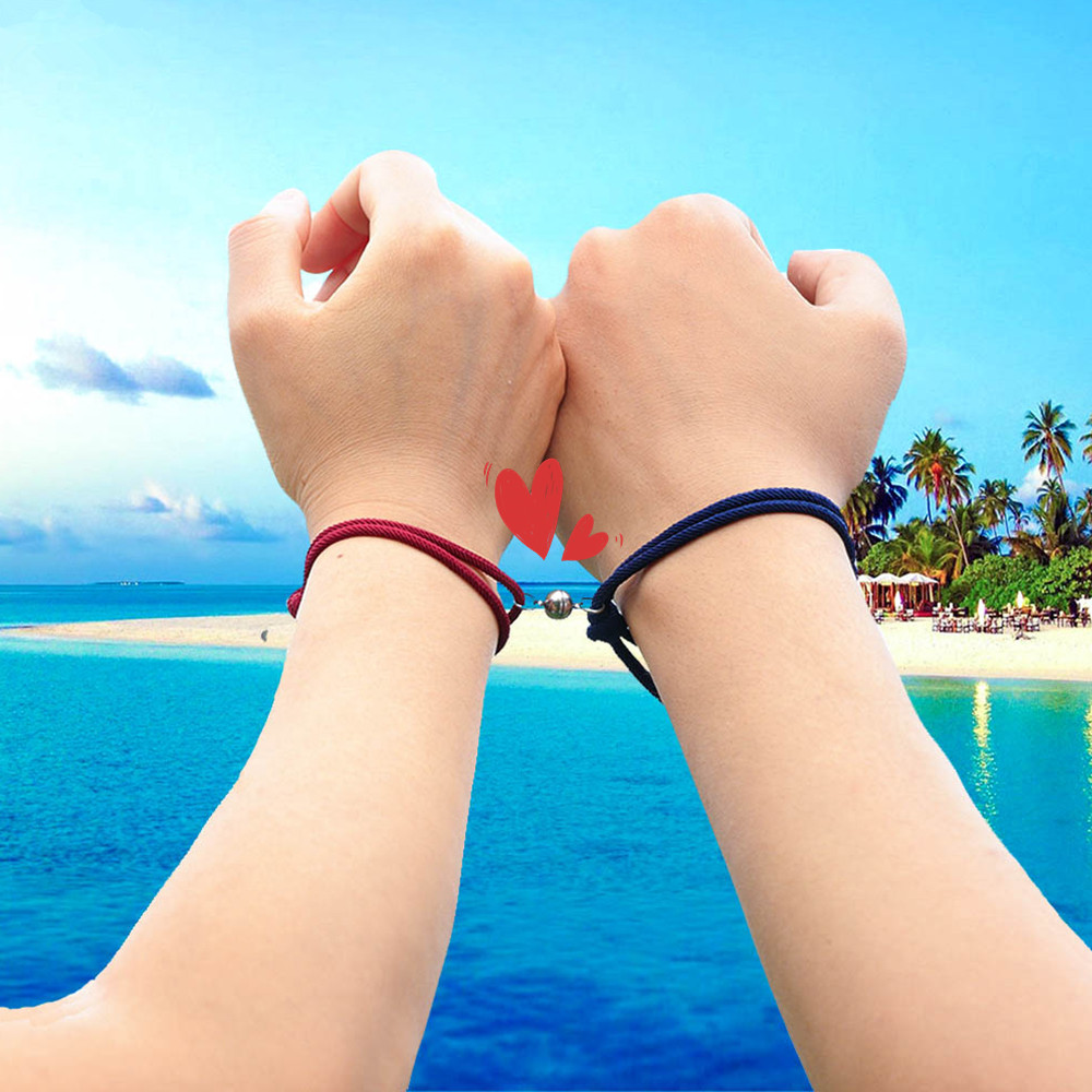 Set 2 vòng tay dây bện khóa từ tính mặt hợp kim khắc chữ best friend dành cho cặp đôi