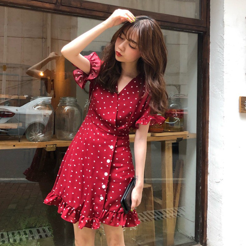 🌸Hàng Có Sẵn🌸Kèm Ảnh Thật🌸Váy Cổ V Tay Bèo Phối Cúc 🌸Trẻ Trung Năng Động