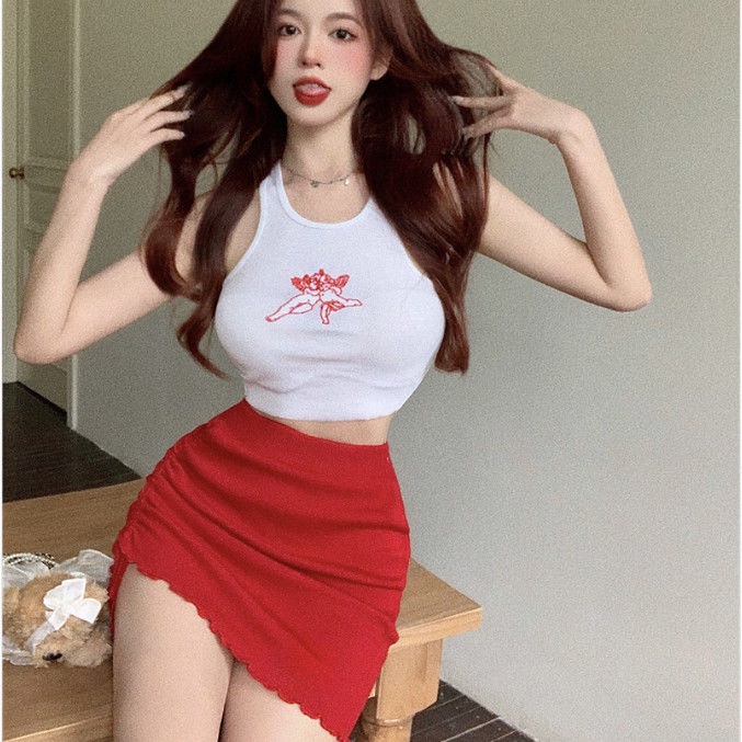Fashion suit sweet hot girl pure want to hang neck sling small vest women's dress with high waist and short skirt in summer two-piece set