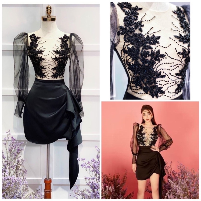 Đầm dự tiệc body TRIPBLE T DRESS ngắn mini tay dài lưới phối ren cườm - size S/M/L - MS334Y