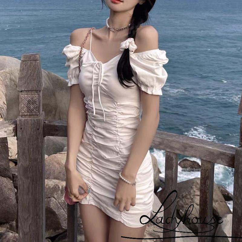 Đầm ngắn tay phồng màu trơn phối dây rút thời trang mùa hè quyến rũ cho nữ