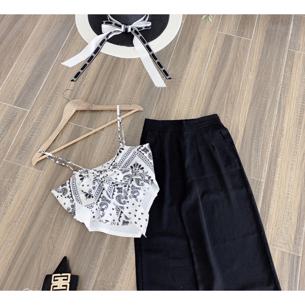 Sét áo yếm thổ cẩm có đệm ngực mix quần ống xuông đũi