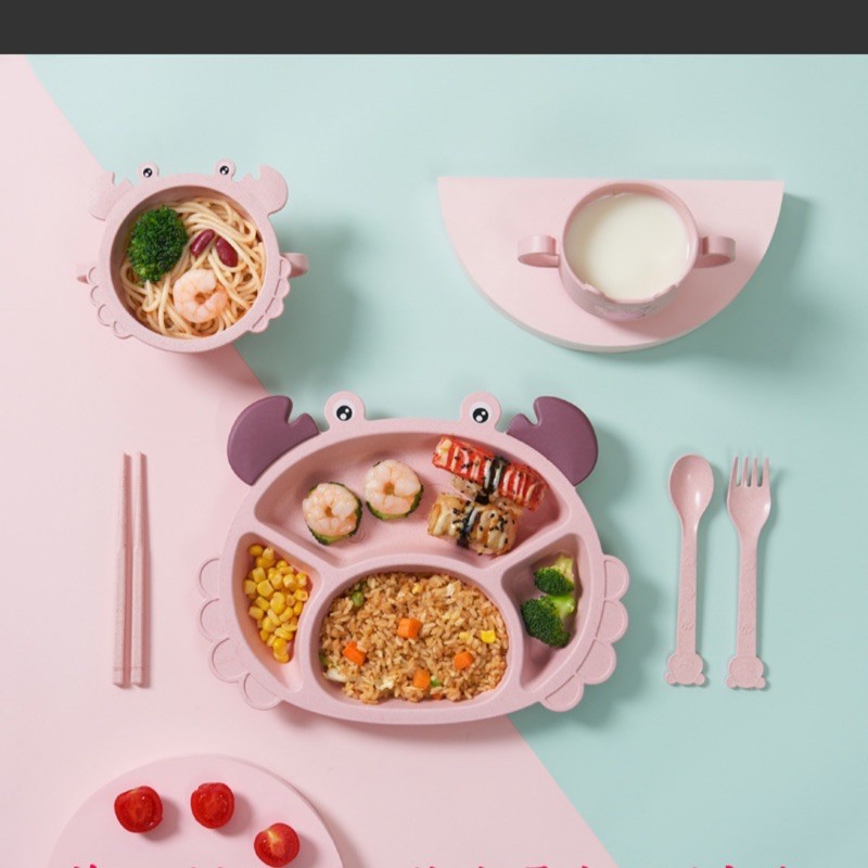 Bộ Khay Ăn Dặm Hình Cua 6 Chi Tiết khay,Bát,Cốc,Thìa,Đũa,Dĩa Cho Bé Chống Rơi Vỡ
