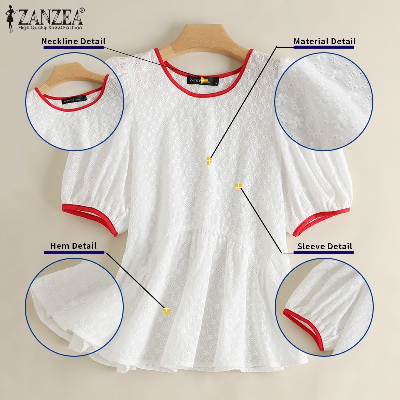 ZANZEA Áo Thun Nữ Tay Ngắn Phồng Cổ Tròn Thêu Hoa Thời Trang Hàn Quốc