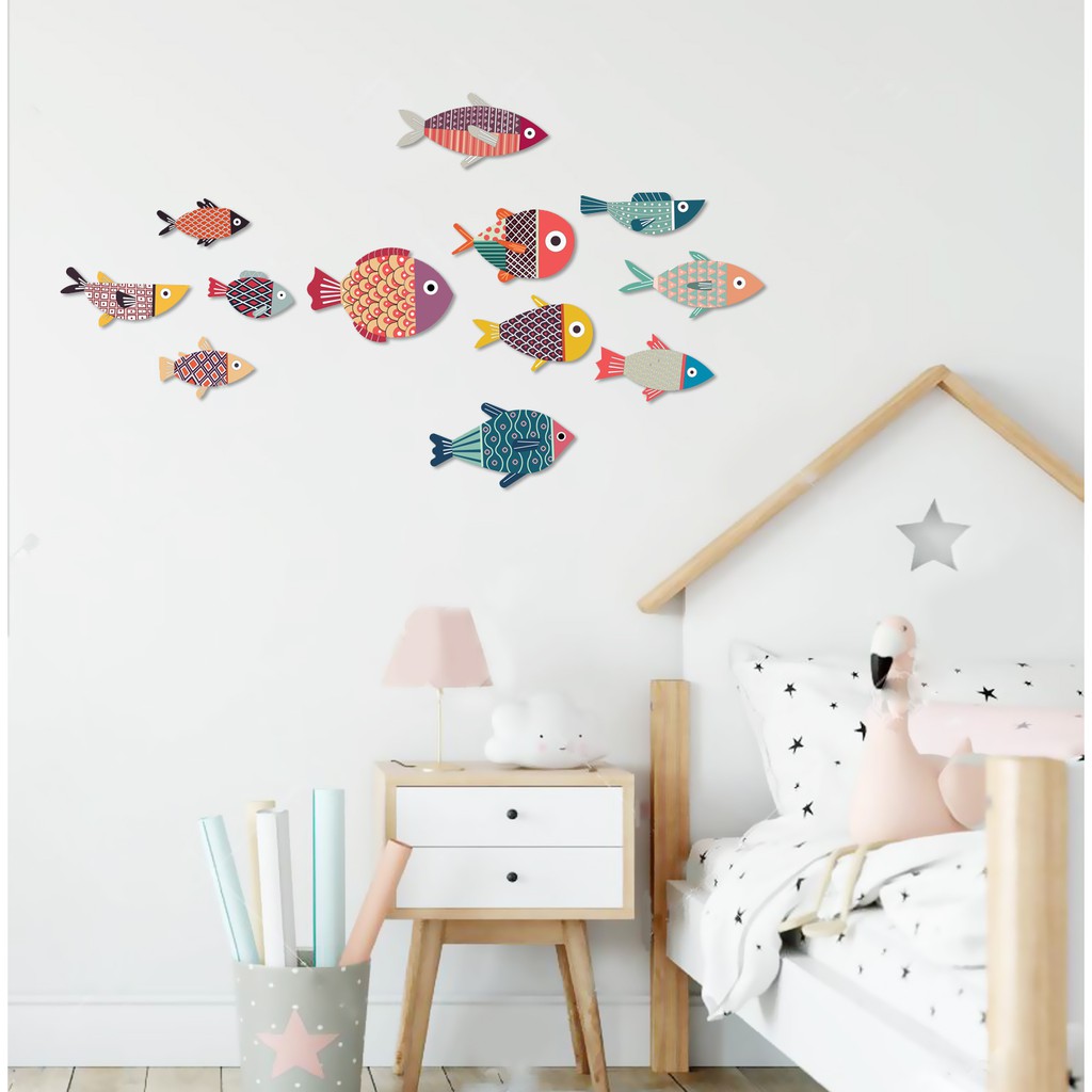 Cá lẻ Set tranh gỗ decor Color Fishes bộ 12 cá trang trí nhà cửa