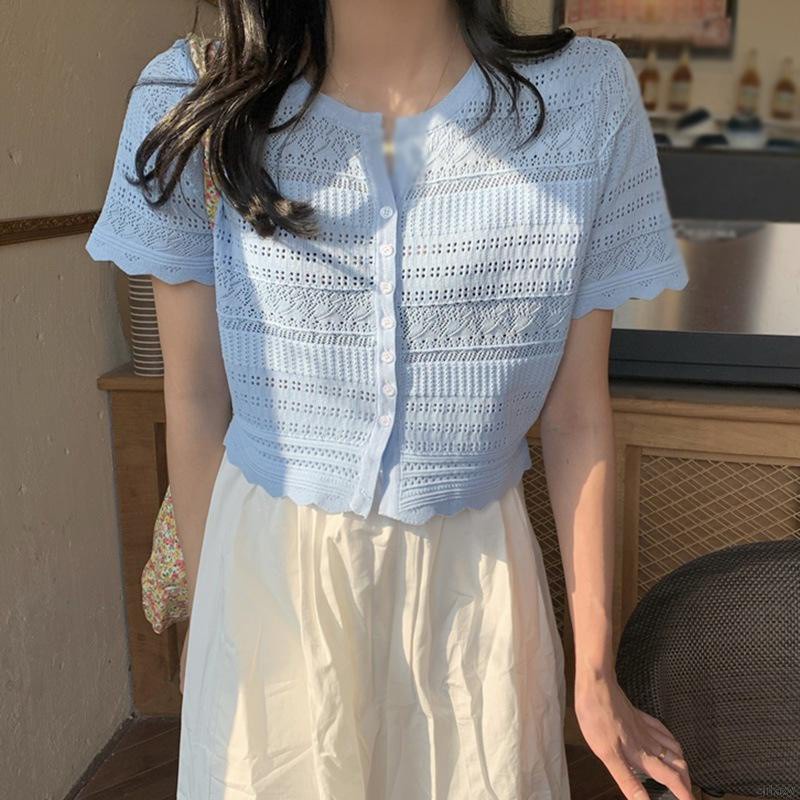 Áo croptop dệt kim tay ngắn cổ chữ v màu sắc đơn giản phong cách Hàn Quốc cho nữ