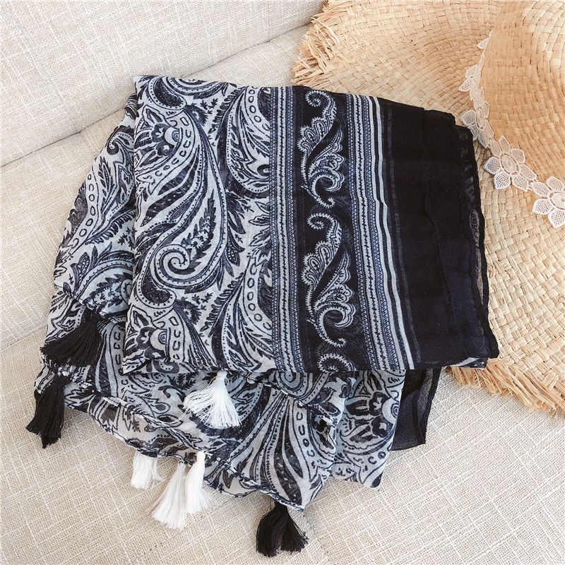 Khăn Choàng Cổ Vải Cotton Họa Tiết Gốm Sứ Màu Xanh Trắng Kiểu Nhật Bản Cổ Điển