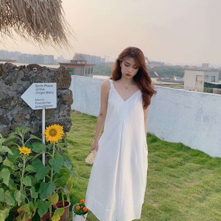 2022 summer new loose beach long skirt day white skirt