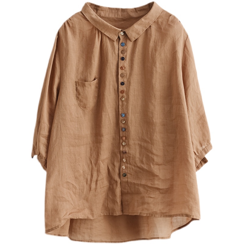 Ice retro colorful buttons cotton linen short-sleeved shirt loose top ramie linen shirt clearance ~ brand cut label