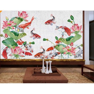 Tranh dán tường Tranh phong cảnh ao sen cá chép độc đáo, Tranh 3d dán tường hiện đại (tích hợp sẵn keo) MS671777